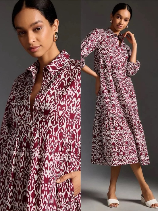 Anthropologie Dresses & Skirts - Maeve • Anthropologie Bettina Tiered Shirt Dress maxi midi cotton Wine Ikat